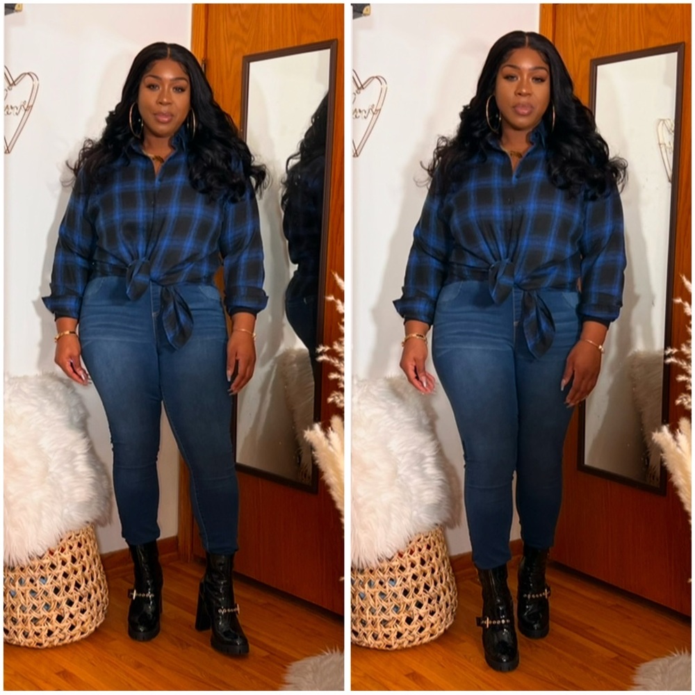 Blue Plaid Tie-Front Button-Down Shirt